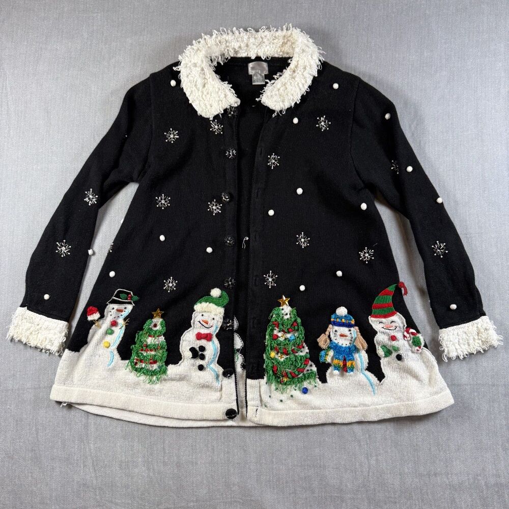 Berek Black Snowman Beaded Christmas Cardigan Sweater size M VTG Ramie Cotton